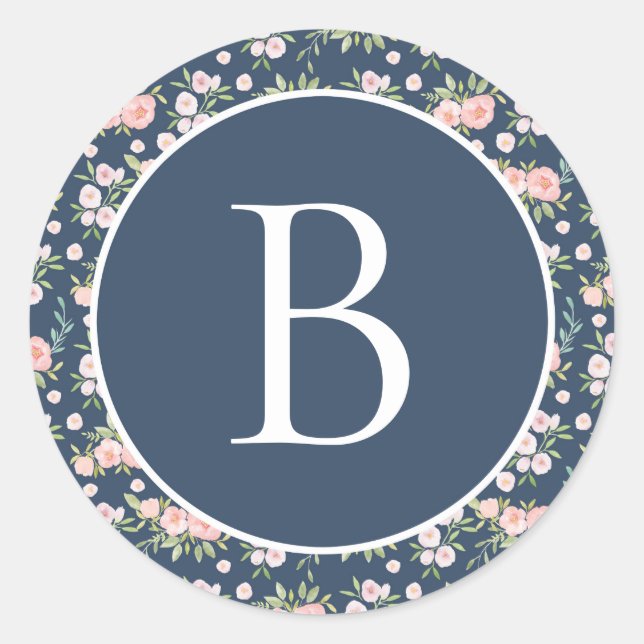 Custom Floral Monogram Initial Classic Round Sticker (Front)
