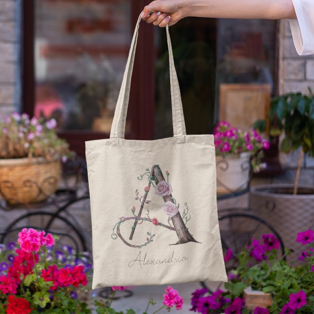 Custom Floral Monogram Letter A Personalised Gift Tote Bag (Creator Uploaded)