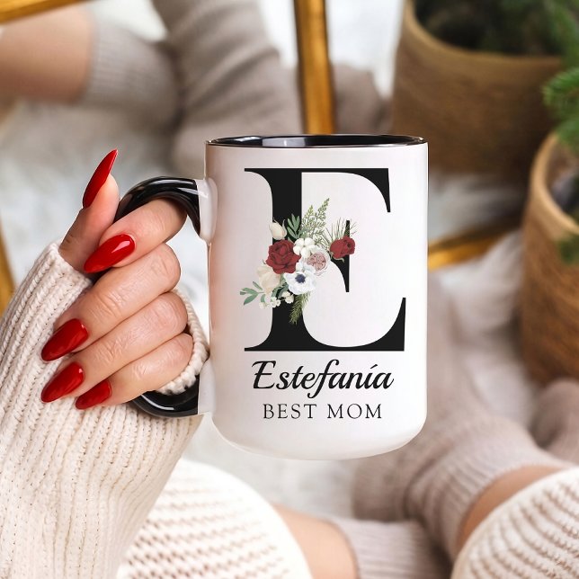 Custom Floral Monogram Mug Gift for Best Mum Ever (Personalized Floral Alphabet Mug Gift for Mom, Teacher, Nurse, Doctor, Coworker, Boss or Bridesmaid)
