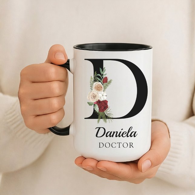 Custom Floral Monogram Mug Gift for Doctor Nurse  (Personalized Floral Alphabet Mug Gift for Mom, Teacher, Nurse, Doctor, Coworker, Boss or Bridesmaid)