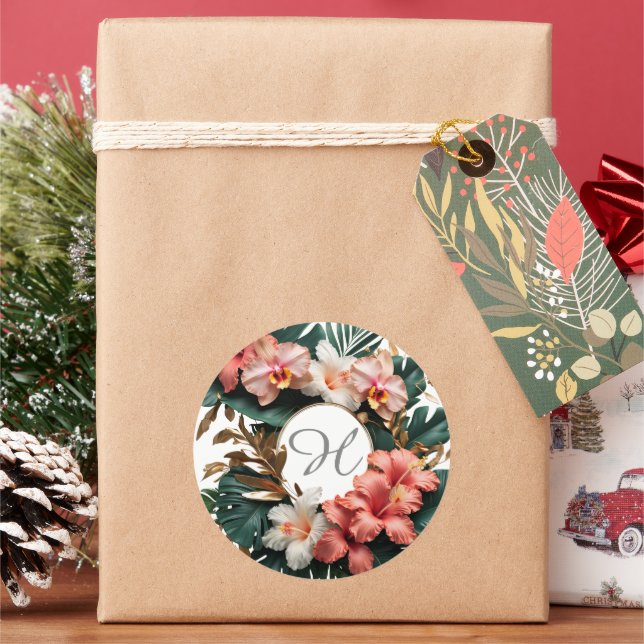 Custom Floral Monogram Tropical Round Sticker (Holiday)