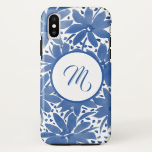 Custom Floral Monogrammed Blue Watercolor iPhone XS Case