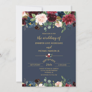 Custom Floral Navy Blue Burgundy Gold Wedding Invitation