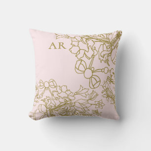 Custom Floral Pastel Pink Gold Line Art Hand Drawn Cushion