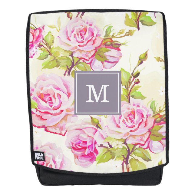 Custom Floral Pattern Old Rose Monogram Backpack (Front)