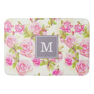 Custom Floral Pattern Old Rose Monogram Bath Mat