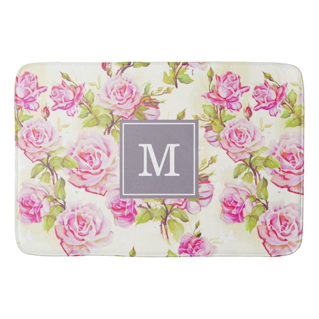 Custom Floral Pattern Old Rose Monogram Bath Mat (Front)