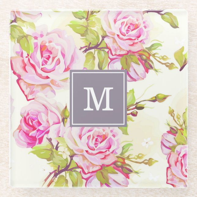 Custom Floral Pattern Old Rose Monogram Glass C Glass Coaster (Front)