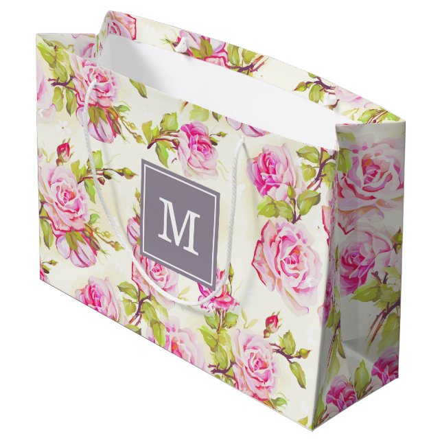 Custom Floral Pattern Old Rose Monogram L Gift Bag (Back Angled)