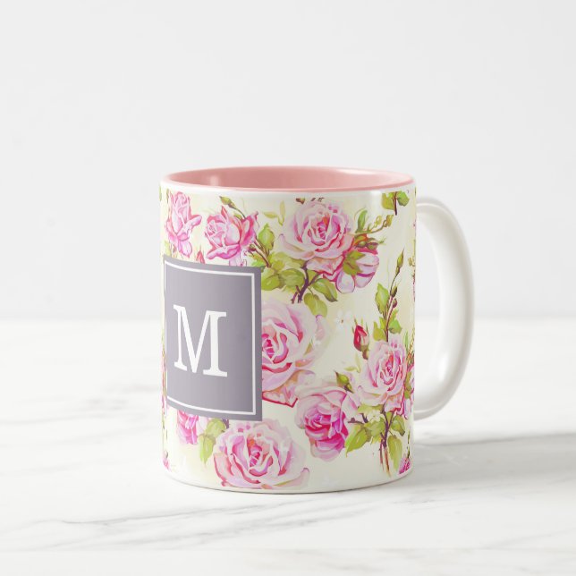 Custom Floral Pattern Old Rose Monogram Mug (Front Right)
