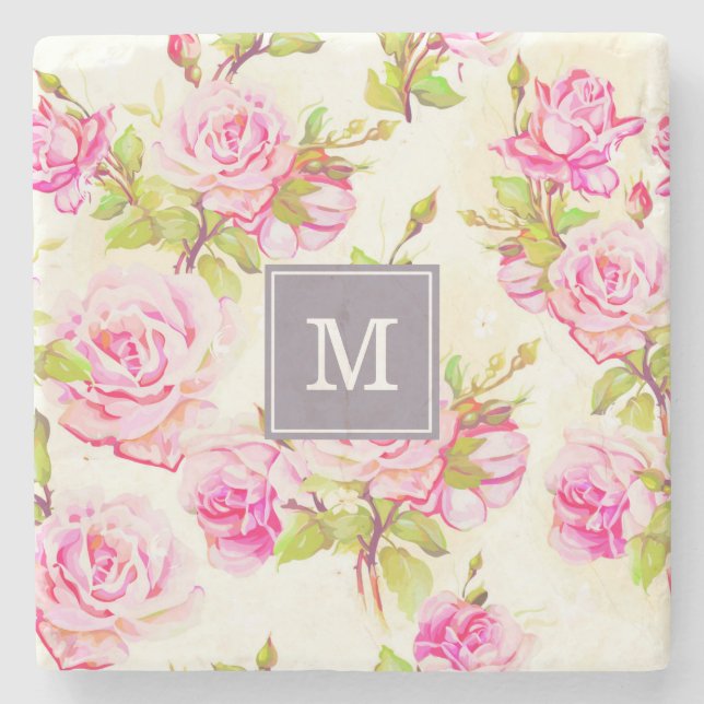 Custom Floral Pattern Old Rose Monogram Stone C Stone Coaster (Front)