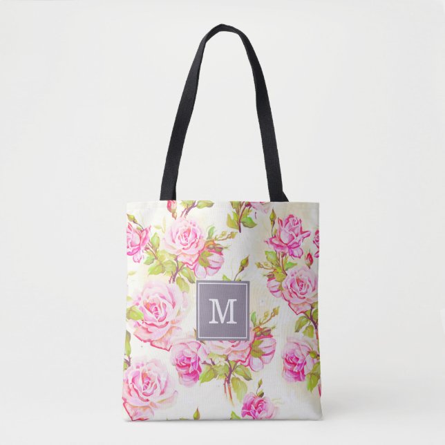 Custom Floral Pattern Old Rose Monogram Tote Bag (Front)