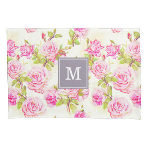 Custom Floral Pattern Old Roses Monogram Pillow C Pillowcase