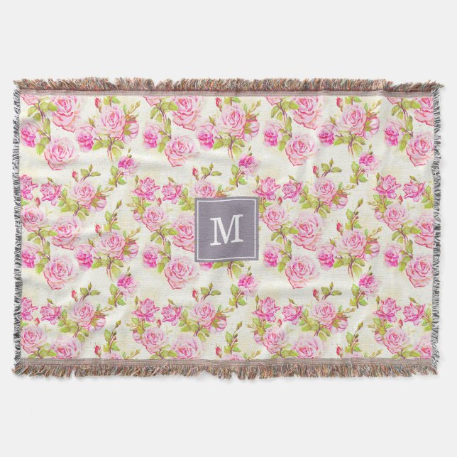 Custom Floral Pattern Old Roses Monogram Throw B Blanket (Front)