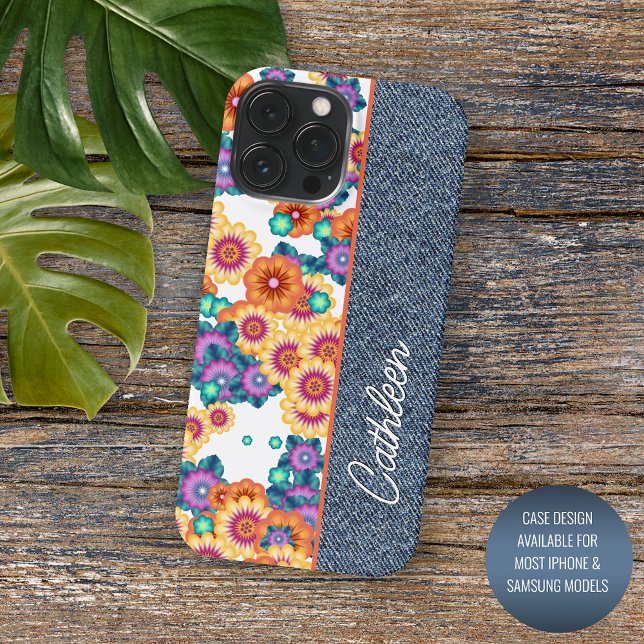 Custom Floral Pattern On Faux Blue Denim Jeans Case-Mate iPhone Case (Creator Uploaded)