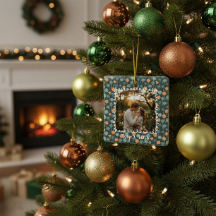 Custom Floral Photo Engagement Ceramic Ornament