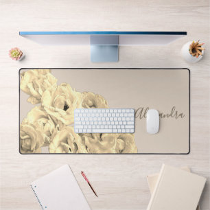 Custom Floral Retro Beige Gold Roses Botanical Desk Mat