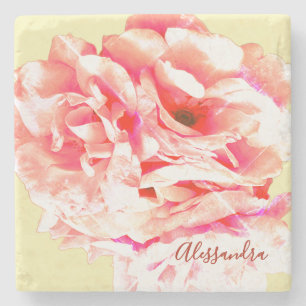 Custom Floral Retro Yellow Peach Grunge Botanical Stone Coaster