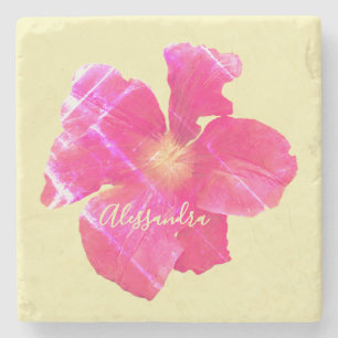 Custom Floral Retro Yellow Pink Grunge Watercolor Stone Coaster