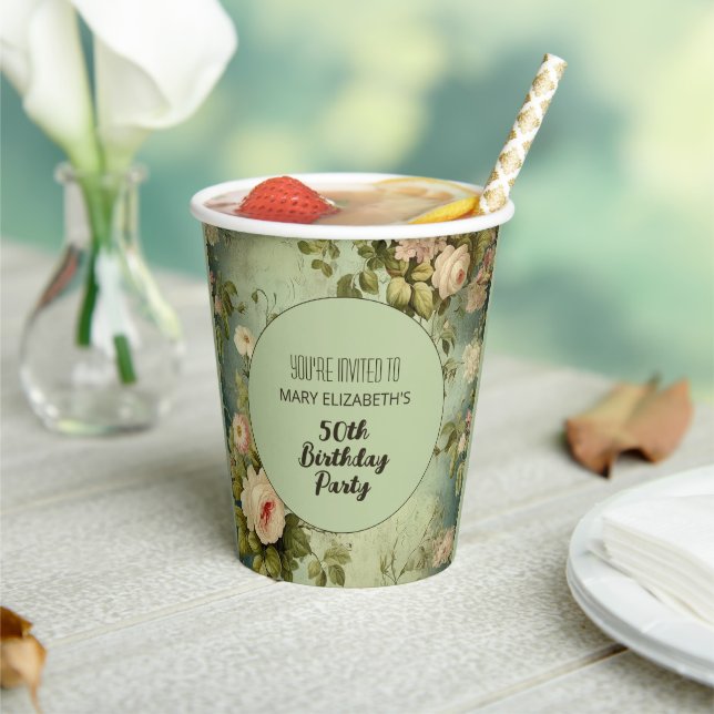 Custom Floral Rose Greenery BIrthday Party Paper Cups (Insitu)
