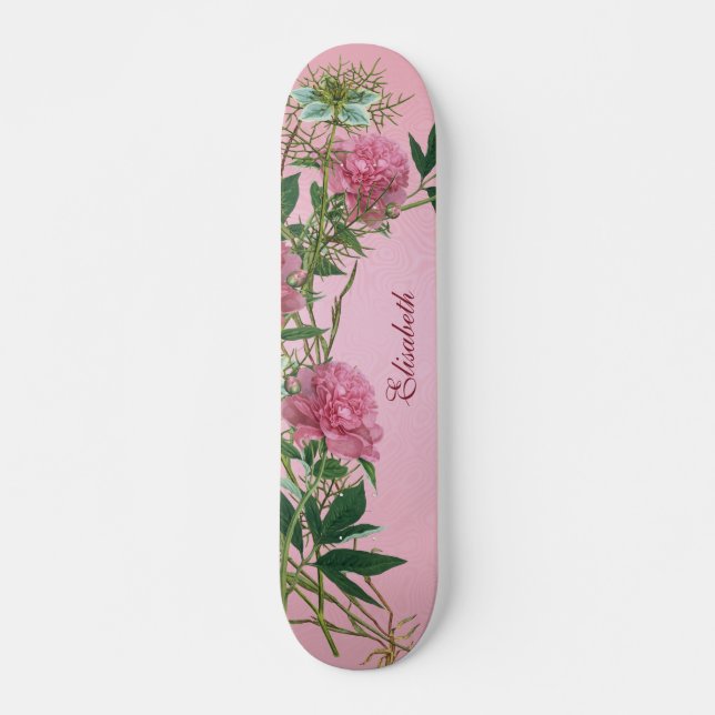 Custom floral rustic peony themed personalised skateboard (Front)