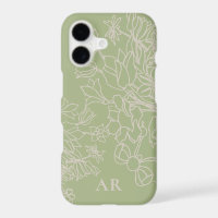 Custom Floral Sage Green Beige Line Art Hand Drawn