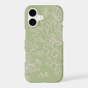 Custom Floral Sage Green Beige Line Art Hand Drawn