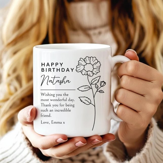 Custom Floral Script Birthday Mug Gift Her Friend  (Personalized birthday floral mug gift for coworker, Personalized elegant birthday mug gift for her)