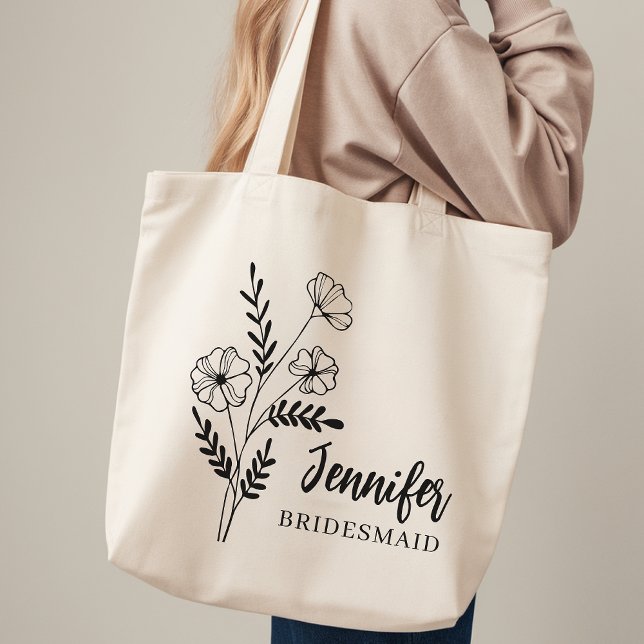 Custom Floral Tote Bag Bridal Party Wedding Favor (Floral Wedding Tote Bag for Bride Squad, Personalized  Minimalist Floral Bridesmaid Tote bag for her)