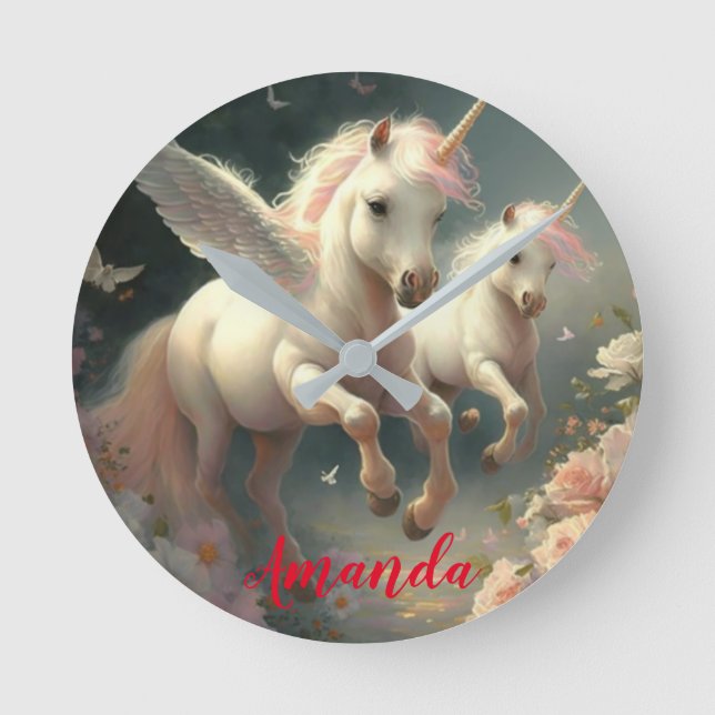 Custom Floral Unicorns flying, little pony     Round Clock (Front)