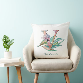 Custom Floral V Letter Watercolor Foliage Monogram Cushion