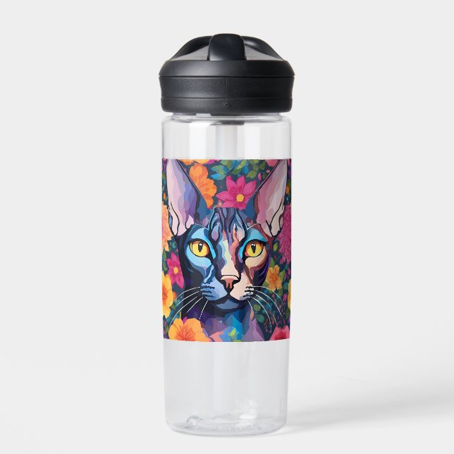 Custom Floral Water Bottle Sphynx Cat Art Flowers (Front)
