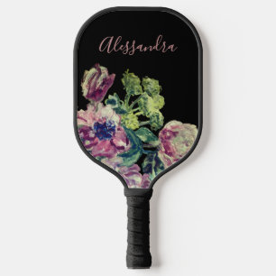 Custom Floral Watercolor Black Pink Botanical Chic Pickleball Paddle