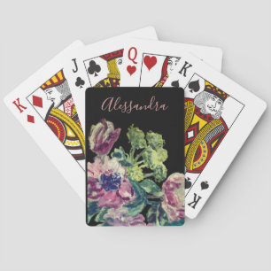 Custom Floral Watercolor Black Pink Bouquet Chic Playing Cards