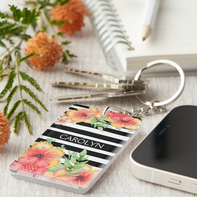 Custom Floral Watercolor Black White Stripes Key Ring (Front Right)