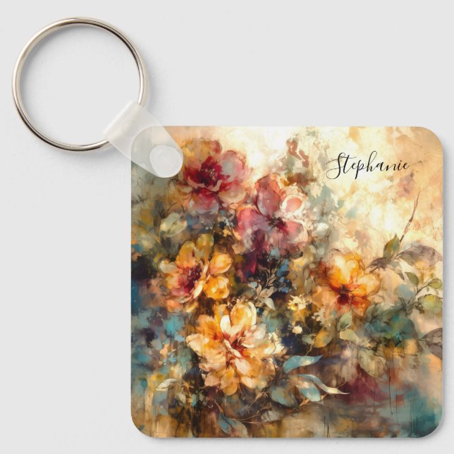 Custom Floral Watercolor Charm Key Ring (Front)