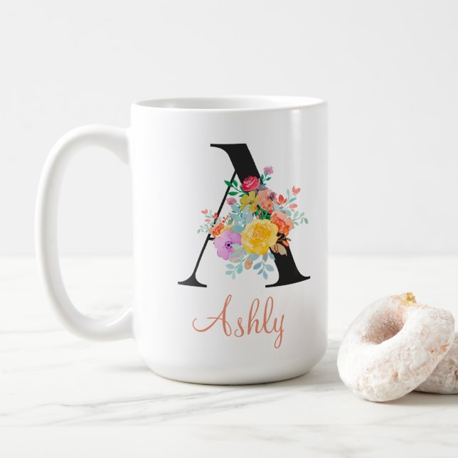 Custom Floral Watercolor Monogram Name Coffee Mug (With Donut)