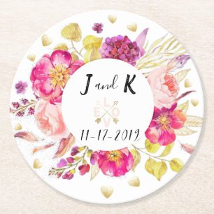 Custom Floral Wedding Design Round Paper Coaster