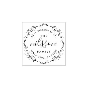 Custom Floral Wreath Family Name Return Address Rubber Stamp