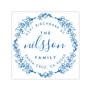 Custom Floral Wreath Family Name Return Address Self-inking Stamp
