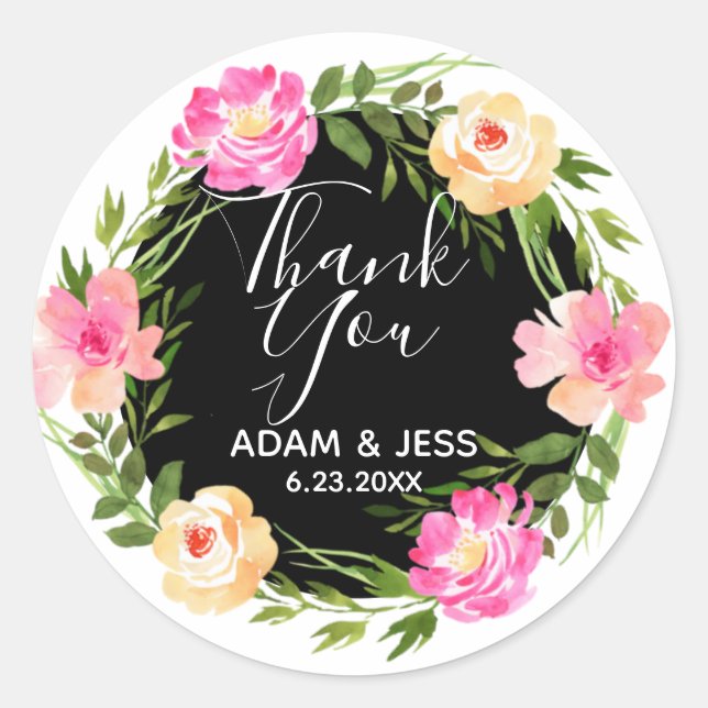 Custom Floral Wreath Thank You Classic Round Sticker (Front)