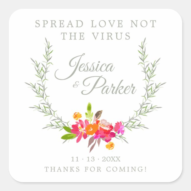 Custom Floral Wreath Wedding Sanitizer Hand Gel Square Sticker (Front)