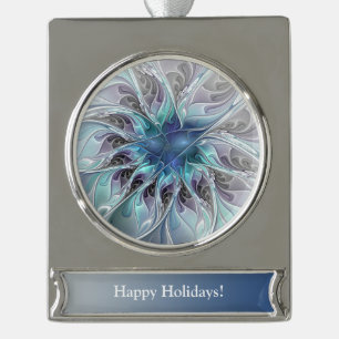 Custom Flourish Abstract Modern Flower With Blue Silver Plated Banner Ornament