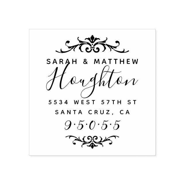 Custom Flourish Wedding Couple Return Address Rubber Stamp (Imprint)