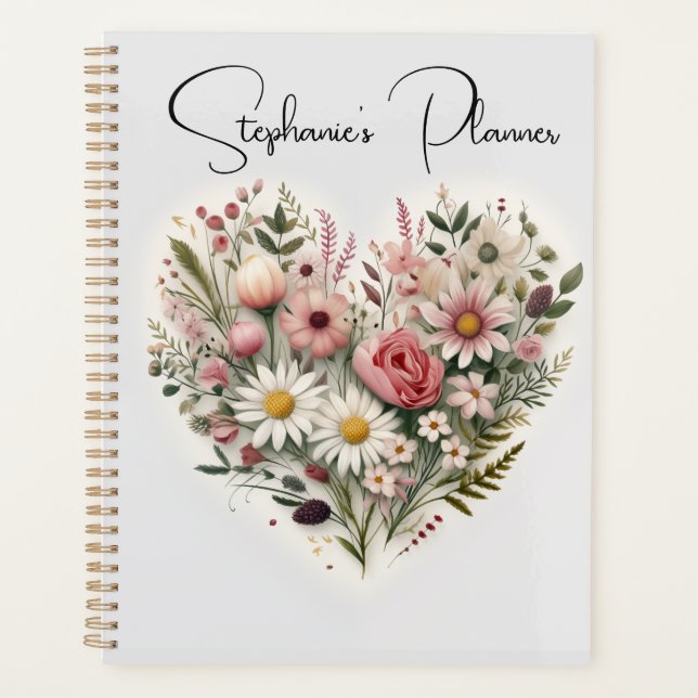 Custom Flower Heart Planner, Custom Name Planner (Front)