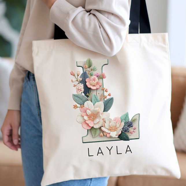 Custom Flower Monogram Bridesmaid Wedding Favour Tote Bag (Personalized Flower Monogram Wedding Favor Tote | Shabby Chic Floral Initial Tote Bag for Grandma)