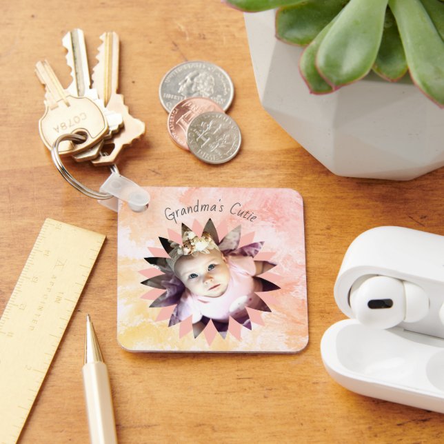 Custom Flower Shape Photo Pastel Watercolor Key Ring (Desk)