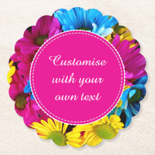 Custom Flowers in Fluorescent Colors Custom Text Paper Coaster