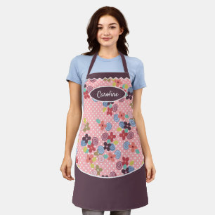 Custom Flowers White Polkadots Pattern Pink Purple Apron