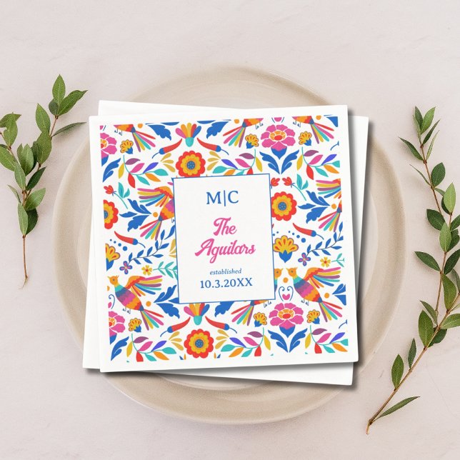 Custom Folk Art Floral Fiesta Monogram Wedding Napkin (Custom Folk Art Floral Fiesta Monogram Wedding Napkins)